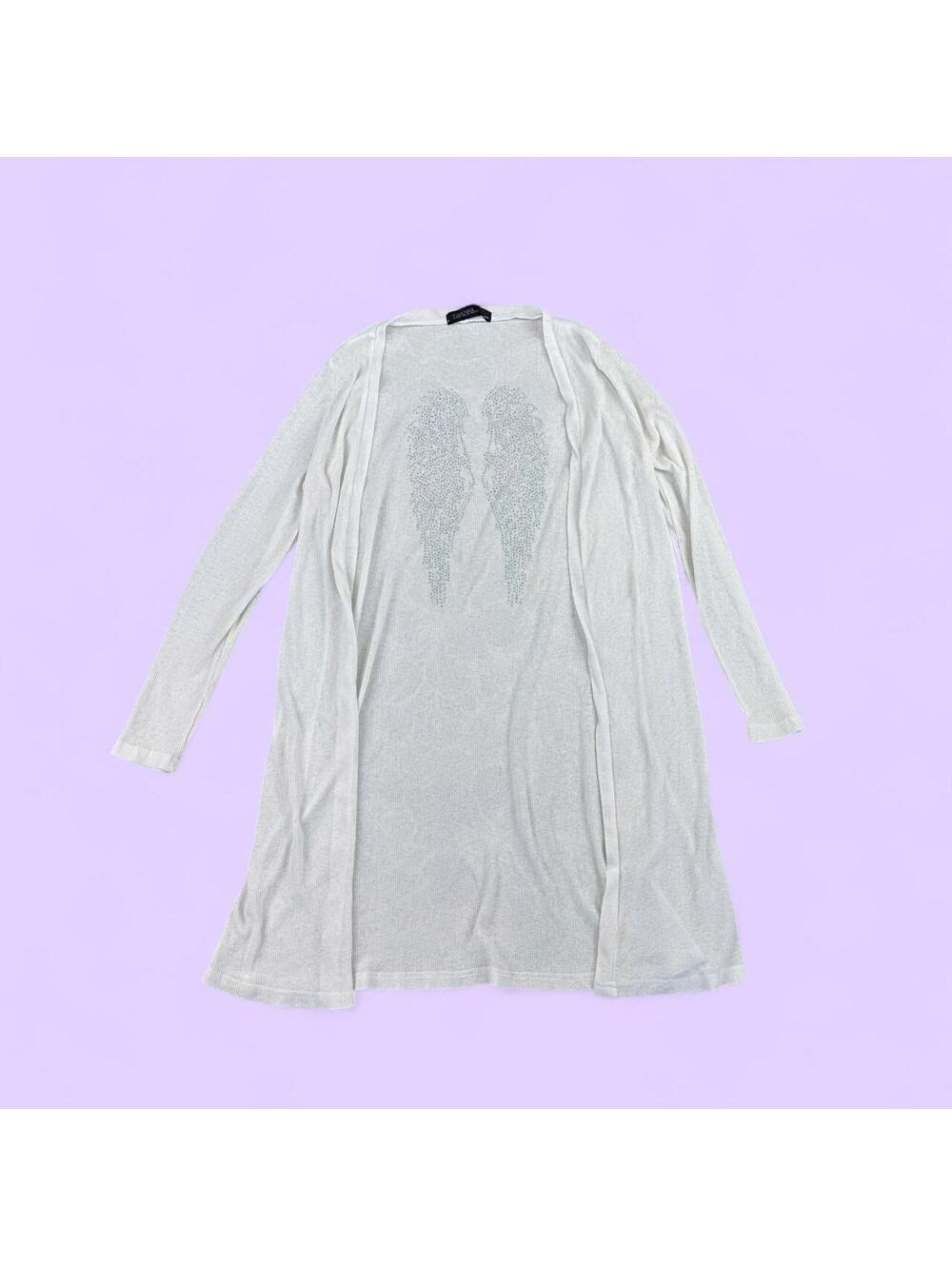 Zanzea White Long Sleeve Duster with Rhinestone Angel Wings on Back
